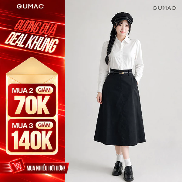 Chân váy A nữ Gmorning - GUMAC dáng midi phối đỉa công sở trẻ trung thanh lịch  YVG05072