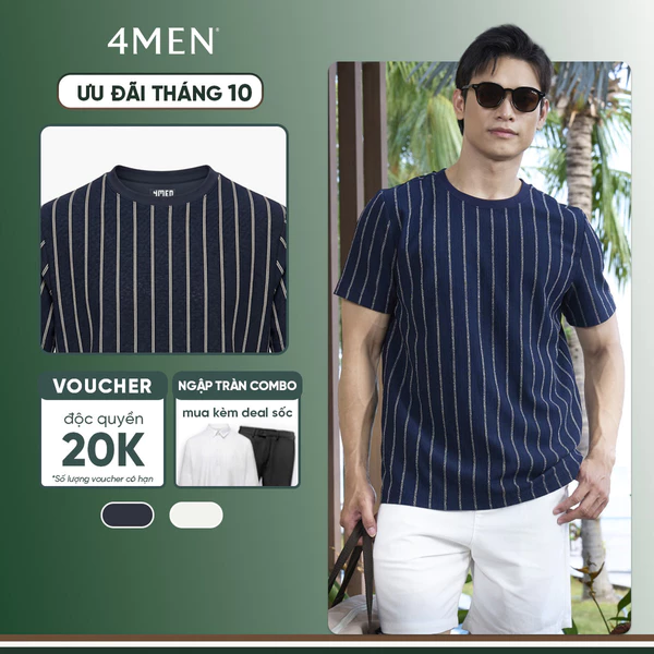 Áo Thun Sọc Cổ Tròn 4MEN Thêu Cánh Buồm Form Regular AT192 Vải Thun Vân, Gọn Gàng, Thanh Lịch