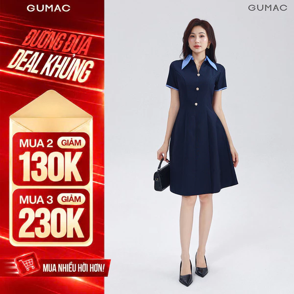 Đầm Dáng A Nữ GUMAC Váy Công Sở Cổ Sơ Mi Phối Sọc Đính Nút Vàng Thanh Lịch DF03005