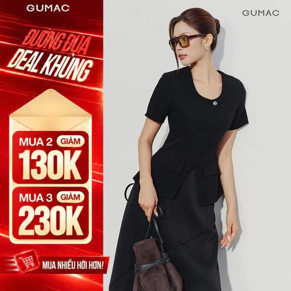 Áo Peplum Nữ GUMAC Cổ Tròn Tay Ngắn Chiết Eo Đính Nút Thanh Lịch Tinh Tế Công Sở AG07005