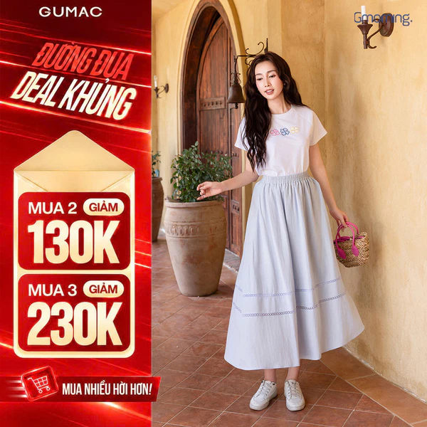 Chân Váy Nữ Gmorning - GUMAC Form A Xòe Lưng Thun Phối Ren Vải Tơ Mềm Nữ Tính YVG05053