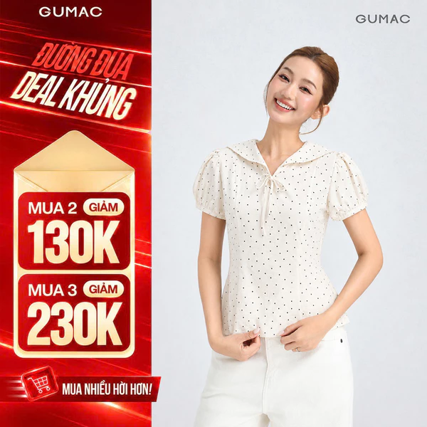 Áo Peplum Nữ Gmorning - GUMAC Tay Phồng Cổ Thủy Thủ Đính Nơ Nữ Tính Hiện Đại YAG06042
