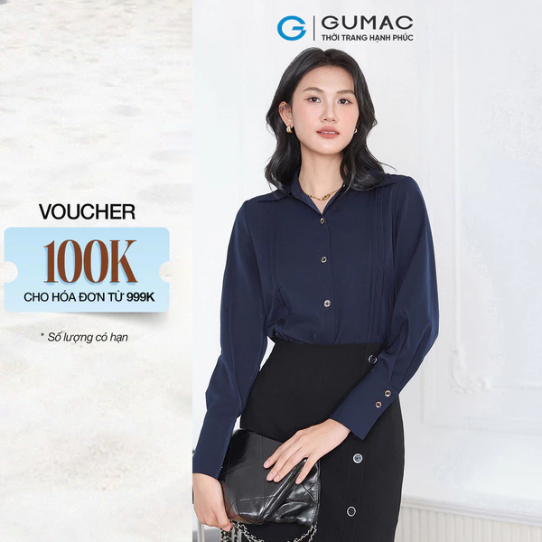 Áo Sơ Mi Nữ GUMAC Tay Dài Chiết Ly Lá Cổ Nhọn Vải Lụa Mềm Mát Công Sở AF03007