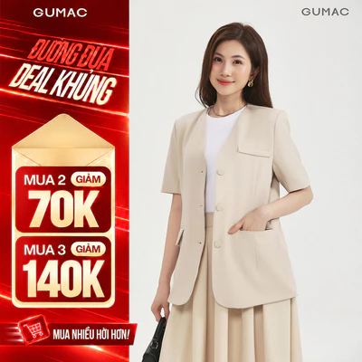 Áo Blazer Tay Ngắn GUMAC Dáng Suông Đệm Vai Mỏng Thiết Kế 2 Lớp Cao Cấp LOWG0104