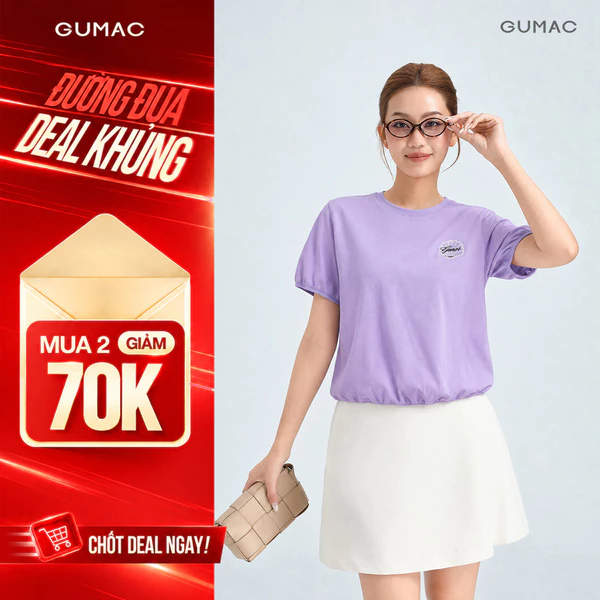 Áo Thun Nữ Gmorning - GUMAC Form Bí Cổ Tròn Hình Thêu Trước Ngực Tinh Tế Nổi Bật YATG06002