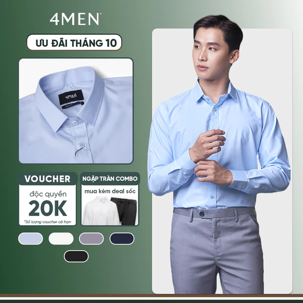 Áo sơ mi nam trơn slimfit 4MEN SM079 cổ bẻ cơ bản, vải modal - sợi gỗ sồi chống nhăn, mềm mịn