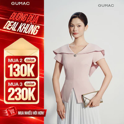 Áo Peplum GUMAC Tay Ngắn Cổ V Rộng Có Bản Vai Cách Điệu Dây Cột Phía Sau AG07008