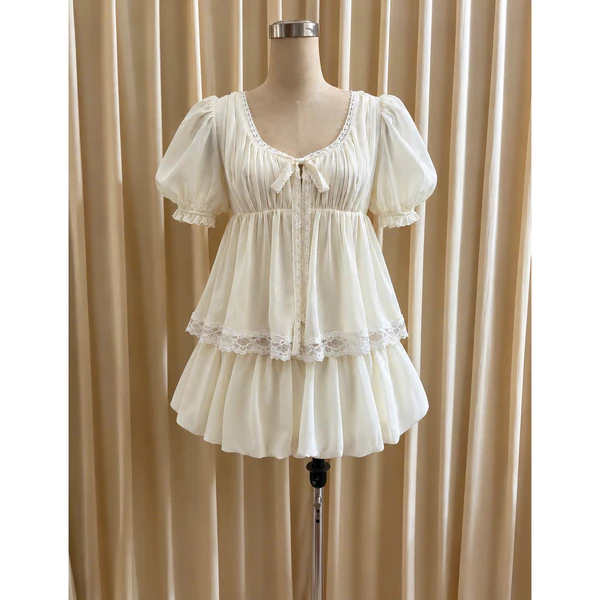 RUBIES Lenka Top - Áo Kiểu Nữ Vải Tơ Nhún Dáng Babydoll Tay Ngắn Bồng Cổ Tròn