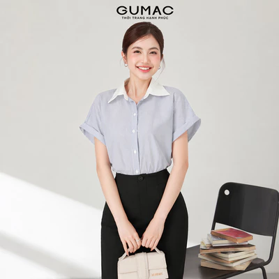 Áo Sơ Mi Nữ GUMAC Áo Kiểu Công Sở Kẻ Sọc Xanh Tay Ngắn Chất Cotton Thiết Kế Phối Cổ Trẻ Trung LAF0322