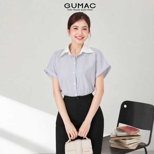 Áo Sơ Mi Nữ GUMAC Áo Kiểu Công Sở Kẻ Sọc Xanh Tay Ngắn Chất Cotton Thiết Kế Phối Cổ Trẻ Trung LAF0322