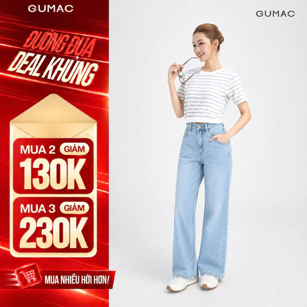 Quần Jeans Suông Nữ Gmorning - GUMAC Dài 95cm Denim Thêu Gmor Xanh Nhạt Tôn Dáng YQJE10080