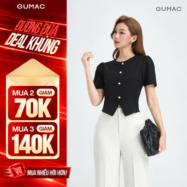 Áo Kiểu Nữ GUMAC Áo Kiểu Lửng Công Sở Xẻ V Đính Nút Tôn Dáng Sang Trọng Vải Chéo Ý LAG0414