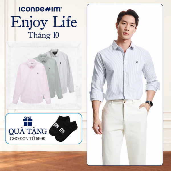 Áo sơ mi nam oxford tay dài ICONDENIM, họa tiết sọc palewave logo thêu tạo điểm nhấn, form slimfit tôn dáng SMID0145