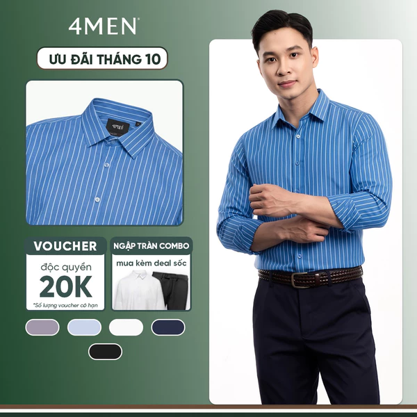Áo sơ mi nam kẻ sọc 4MEN SM172 tay dài, form slimfit ôm body đẹp trẻ trung, vải lụa chéo mềm mịn hạn chế nhăn giá rẻ