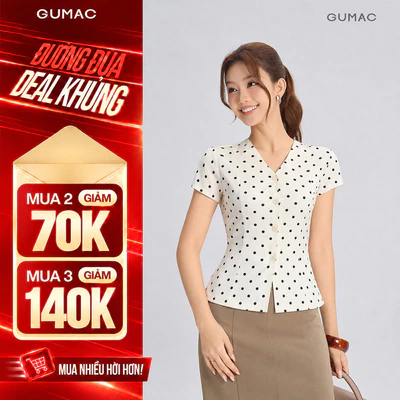 Áo Peplum Nữ GUMAC Áo Kiểu Cổ V Chấm Bi Xòe Nhẹ Tôn Eo Thanh Lịch Tôn Dáng LAG06044