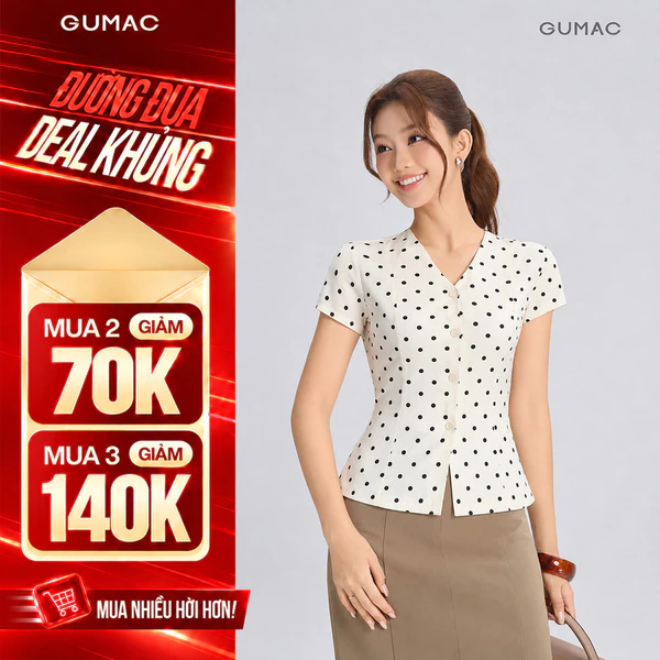 Áo Peplum Nữ GUMAC Áo Kiểu Cổ V Chấm Bi Xòe Nhẹ Tôn Eo Thanh Lịch Tôn Dáng LAG06044