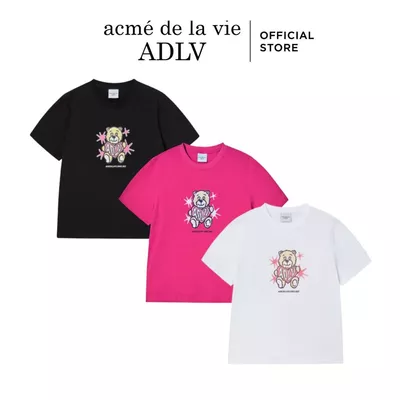 Áo Thun nữ ADLV AC Bear Heart dáng standard màu đen/hồng/trắng - Hàng chính hãng