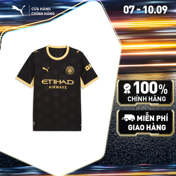 Áo Thun Thể Thao Đá Bóng PUMA Nam MCFC Away Jersey Replica Black-Flaxen Màu Đen