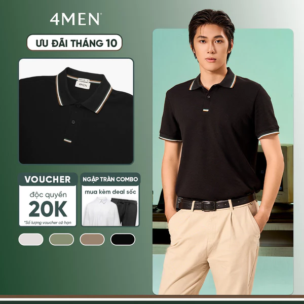 Áo Polo 4MEN Signature Stripe Trơn Form Regular PO193 Basic, Trẻ Trung