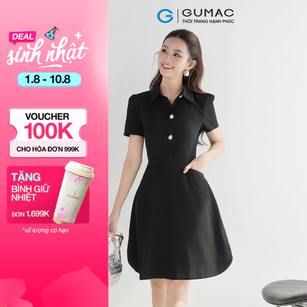 Đầm nữ GUMAC form A xòe kiểu đính nút kim loại trang trí đầm một lớp có túi sườn  DF08038
