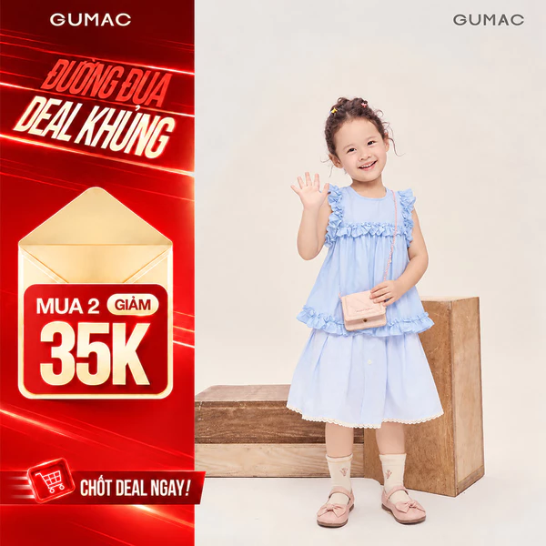 Áo Kiểu Bé Gái GUMAC Form Babydoll Cổ Tròn Phối Bèo Nữ Tính Cài Nút Trụ Thân Sau AGG09081