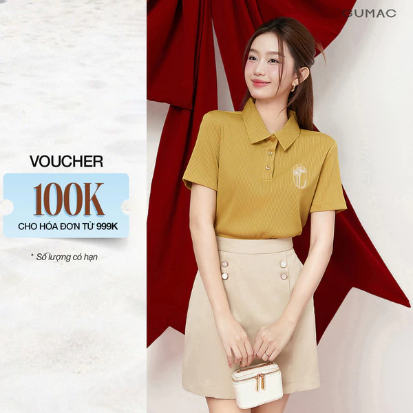 Áo Thun Polo Nữ GUMAC Form Suông Tay Ngắn  Thiết Kế Thêu Hoa Cúc Thanh Lịch PLE12013