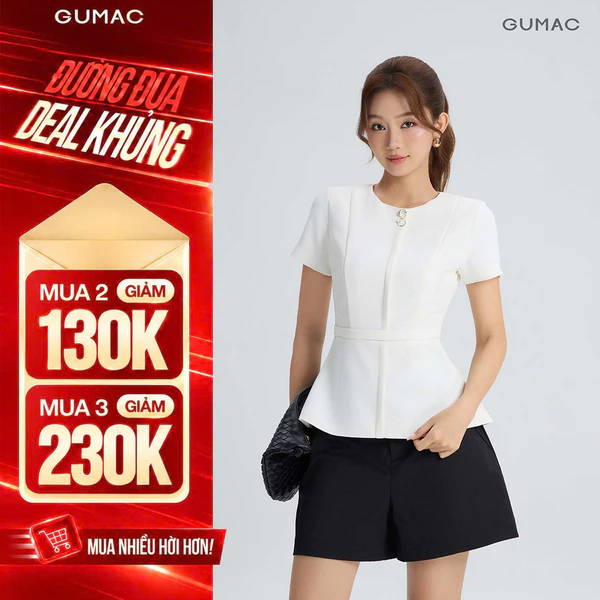 Áo Peplum Nữ GUMAC Tay Ngắn Đính Hai Nút Trang Trí Đai Eo Tôn Dáng Thanh Lịch Dễ Phối AG06021