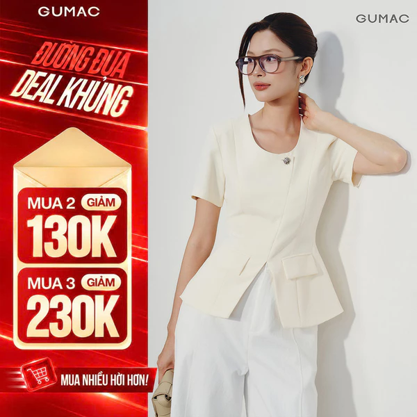 Áo Peplum Nữ GUMAC Chiết Eo Nắp Túi Giả Đính Hoa Cao Cấp Tay Ngắn Form Tôn Dáng Phù Hợp Đi Làm AG07021