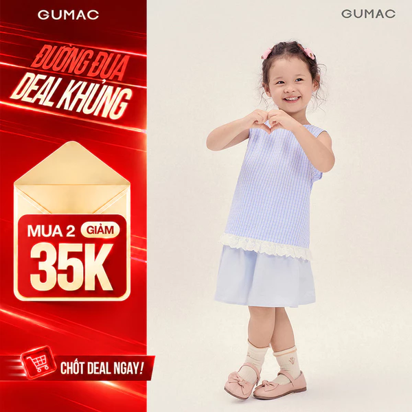 Áo Kiểu Bé Gái GUMAC Form Suông Xòe Lai Ren Xếp Nhún Caro Xốp Dễ Thương AKG04040