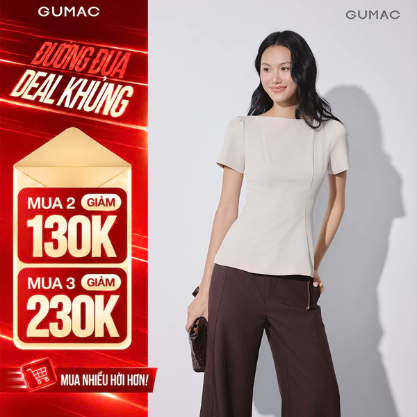 Áo Kiểu Nữ GUMAC Peplum Cổ Thuyền Tay Nhún Vai Chất Bố Chéo Mềm Mát Thanh Lịch LAG11148