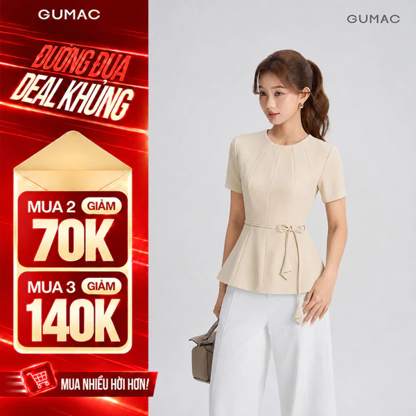 Áo Kiểu Nữ GUMAC Form Peplum Cổ Tròn Tay Ngắn Chiết Eo Phối Dây Thắt Eo Nữ Tính LAG06032