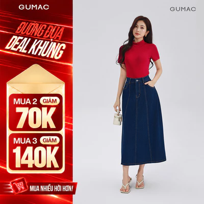 Chân váy jeans GUMAC - Gmorning denim form A midi cách điệu thân trước có túi hàm ếch YVJG04010