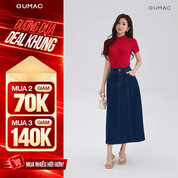 Chân váy jeans GUMAC - Gmorning denim form A midi cách điệu thân trước có túi hàm ếch YVJG04010