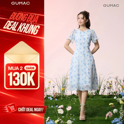 Đầm Nữ GUMAC Form A Xòe Cổ Tròn Tay Cánh Tiên Mềm Mại Nút Dọc Giữa Thân Tinh Tế Hiện Đại DG06035