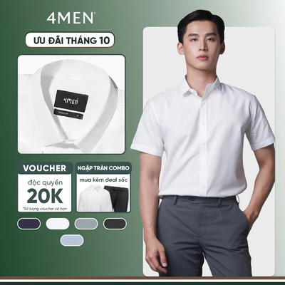 Áo sơ mi nam tay ngắn trơn đẹp 4MEN SM087 vải lụa chéo mềm mịn, hạn chế nhăn, form tailored công sở trẻ trung giá rẻ