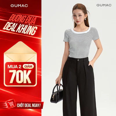 Áo Thun Cổ Vuông Nữ GUMAC Áo Phông Kẻ Sọc Ngang Dáng Ôm Chất Thun Gân Co Giãn LATG0407