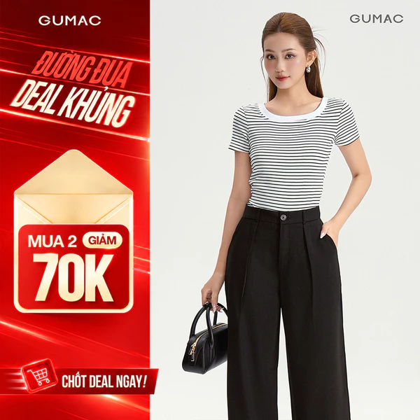 Áo Thun Cổ Vuông Nữ GUMAC Áo Phông Kẻ Sọc Ngang Dáng Ôm Chất Thun Gân Co Giãn LATG0407
