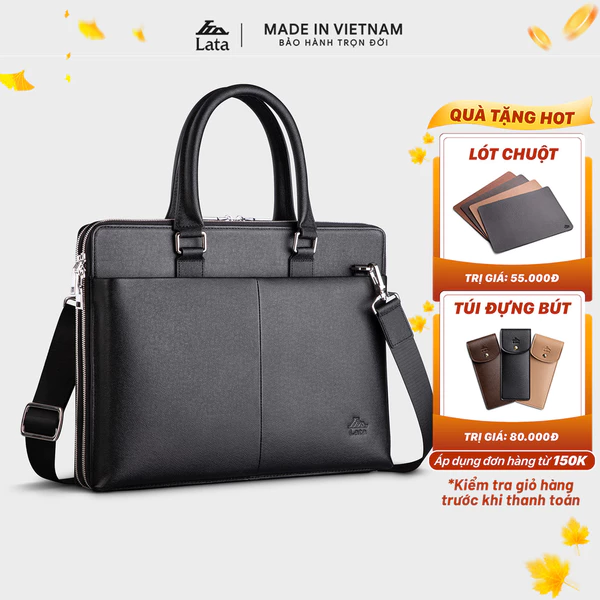Cặp Công Sở da bò Lata (Thời trang nam basic đựng laptop 14 inch - Cặp da thật CADA09)