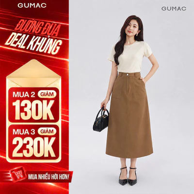 Chân Váy Chữ A Dáng Dài GUMAC - Gmorning Chân Váy Kaki Midi Túi Vuông Tôn Dáng Cao Cấp YVF04060
