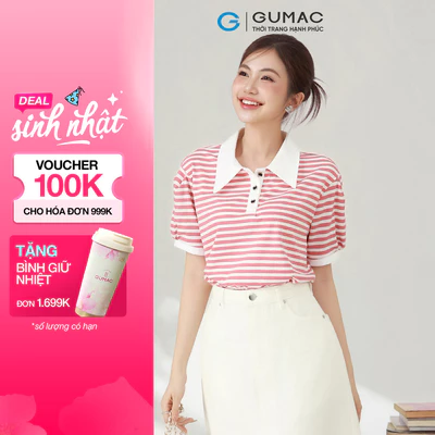Áo Polo Nữ Dáng Suông GUMAC Cổ Tròn Vải Thun Gân Sọc Phối Cổ Và Nẹp Nút PLE11036