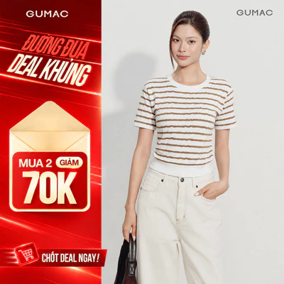 Áo Thun Nữ GUMAC Áo Phông Kiểu Kẻ Sọc Ngang Dáng Ngắn Bo Eo Co Giãn Mềm Mát LATF0514