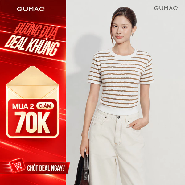Áo Thun Nữ GUMAC Áo Phông Kiểu Kẻ Sọc Ngang Dáng Ngắn Bo Eo Co Giãn Mềm Mát LATF0514