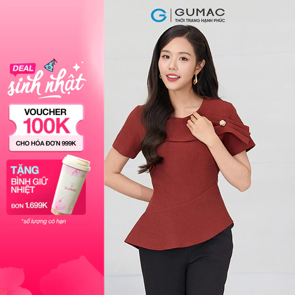 Áo peplum GUMAC tay ngắn lai áo xéo nhẹ đính phụ kiện nút kiểu AF12057