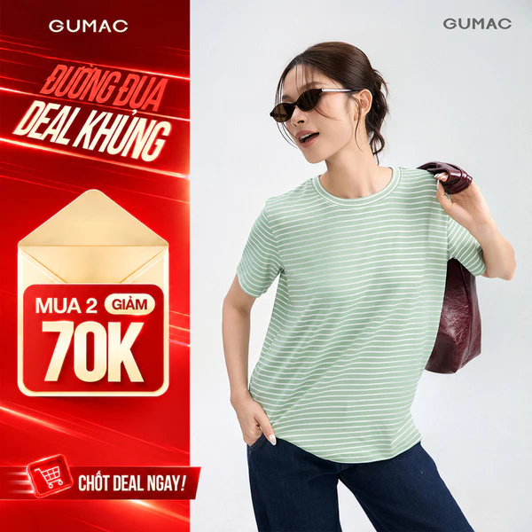 Áo Thun Nữ Tay Ngắn GUMAC Form Suông Cổ Tròn Xẻ Tà Phối Bo Dệt Thun Sọc Năng Động ATG05024
