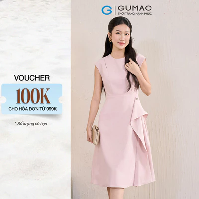 Đầm nữ GUMAC form A tùng cách điệu có túi cổ khoét đính nút tráng trí  DF06049