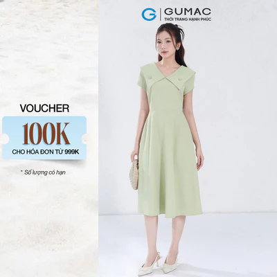 Đầm Nữ Form A GUMAC Cổ V Đính Phụ Kiện Chất Chéo Nhật Thanh Lịch DF07048