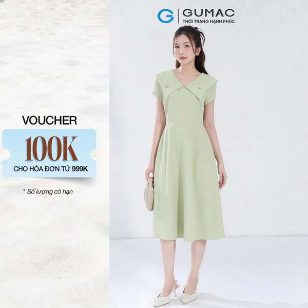 Đầm Nữ Form A GUMAC Cổ V Đính Phụ Kiện Chất Chéo Nhật Thanh Lịch DF07048
