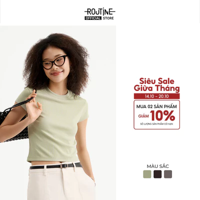 Áo Thun Gân Nữ Tay Ngắn Trơn Form Fitted Cropped - Routine 10S25TSSW005