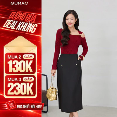 Chân váy GUMAC midi dáng suông lưng liền có hai túi sườn đính nút kiểu VF12056