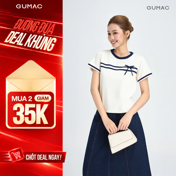 Áo Thun Nữ GUMAC Cổ Tròn Phối Bo Cổ Tay Ngắn Viền Tạo Kiểu 2 Dây Viền Phối Màu LATF0423